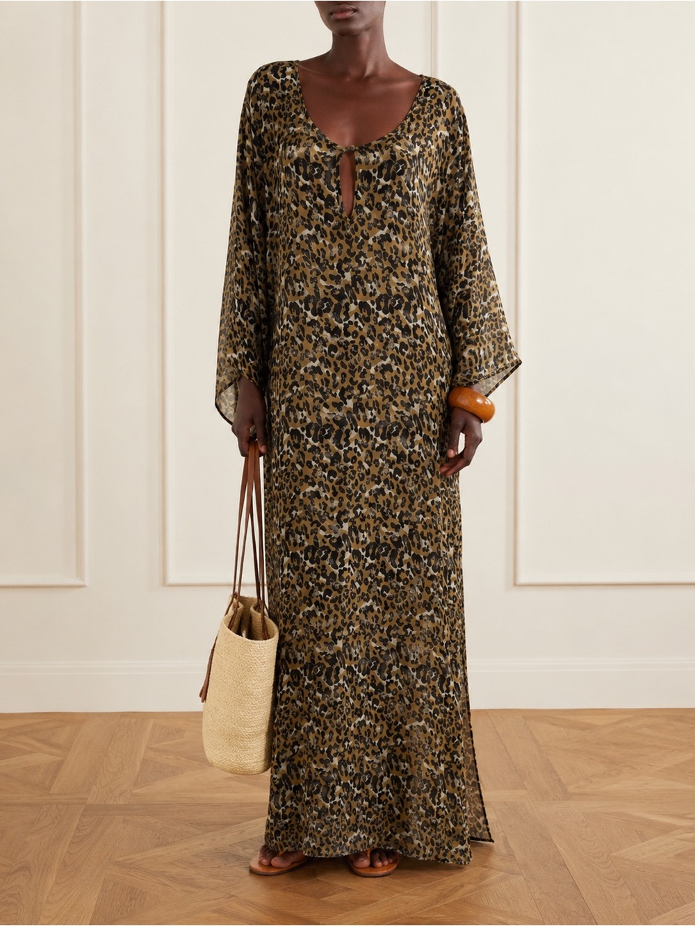 Lejaby Paris Leopard Sheer Chiffon Caftan Maxi Dress Animal Print France Sz S